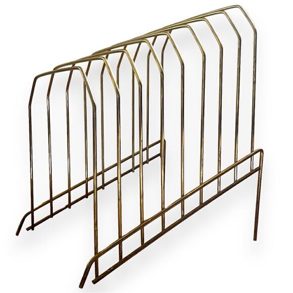 Vintage 1970’s Gold Brass Tone Lacquer Wire (8) Vinyl File Holder Tabletop Stand - Picture 8 of 14
